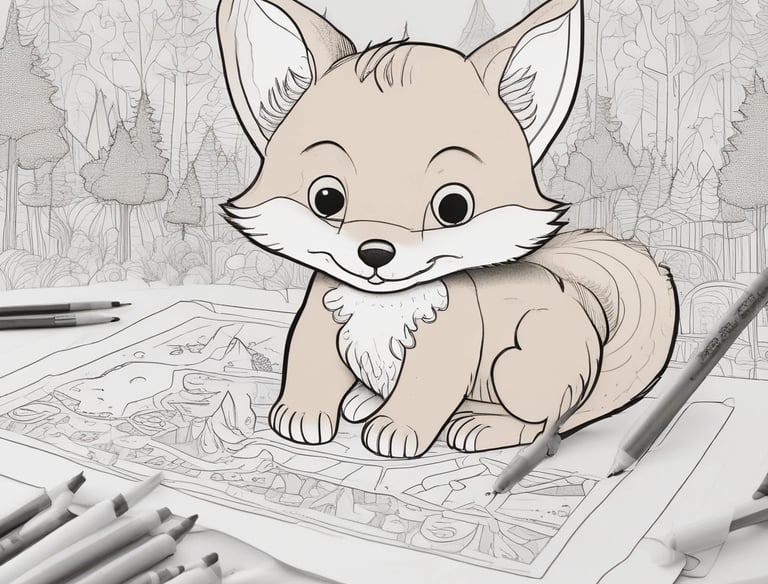 A cozy scene of printable worksheets and coloring pages spread out on a wooden table.