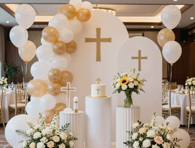 Refined corporate event setting with modern, clean lines and soft ivory lighting.