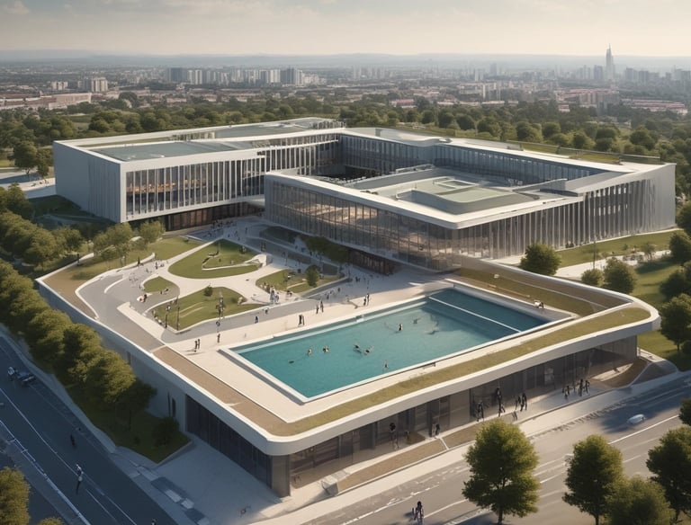 a man riding a skateboard down a street next to tall buildings