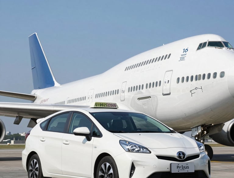 A taxi pulling up in front of a busy train station, ready to pick up passengers.