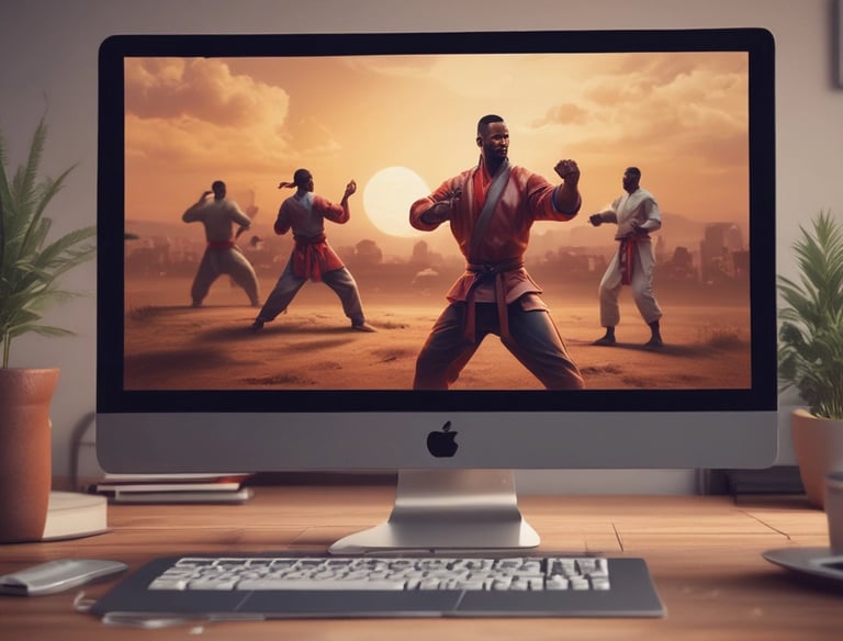 A martial arts instructor demonstrating a technique to students via a digital platform.