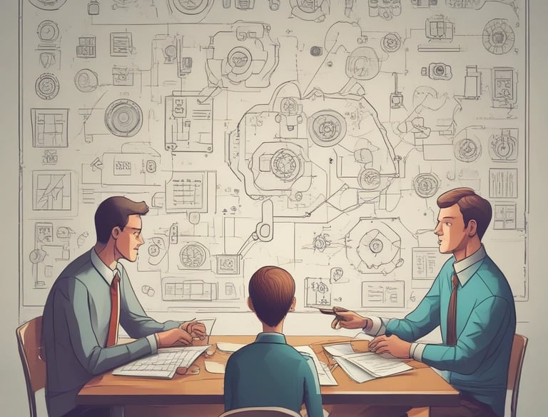 A diverse team collaborating around a whiteboard filled with colorful strategy notes.