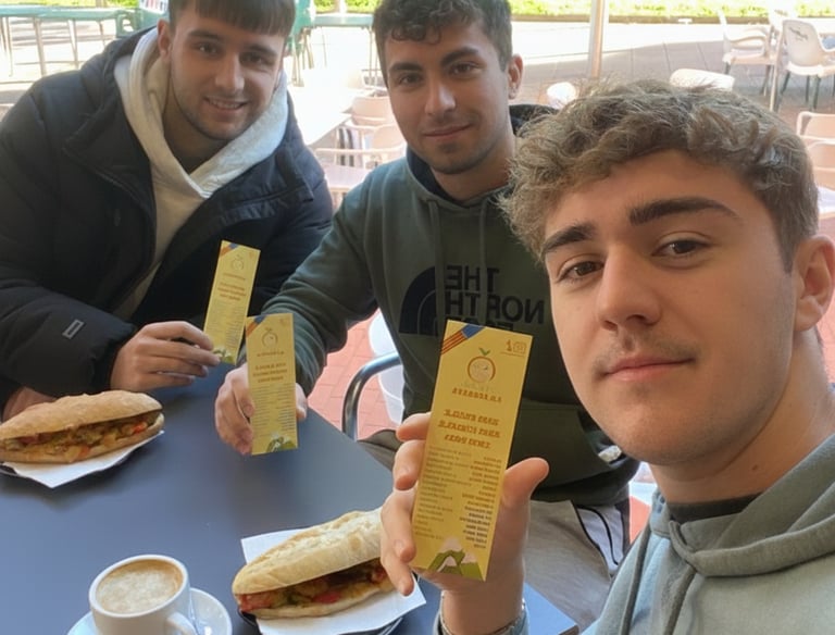 Grupo de jóvenes en terraza mostrando el marcapáginas de Els Ulls de la Terreta