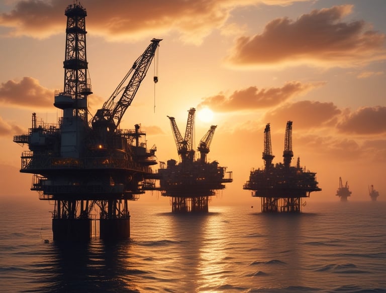 Offshore oil platform with support vessels nearby under clear skies.