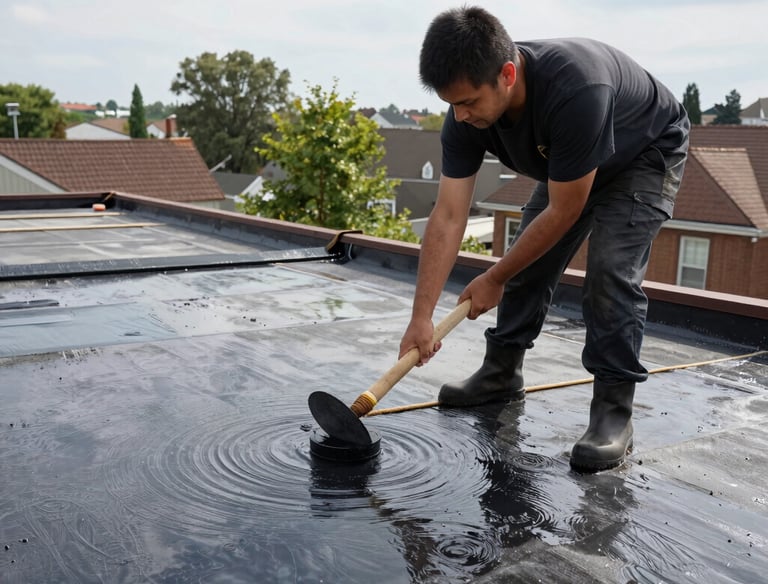 A cozy residential home roof coated in silicone reflecting sunlight, surrounded by trees.