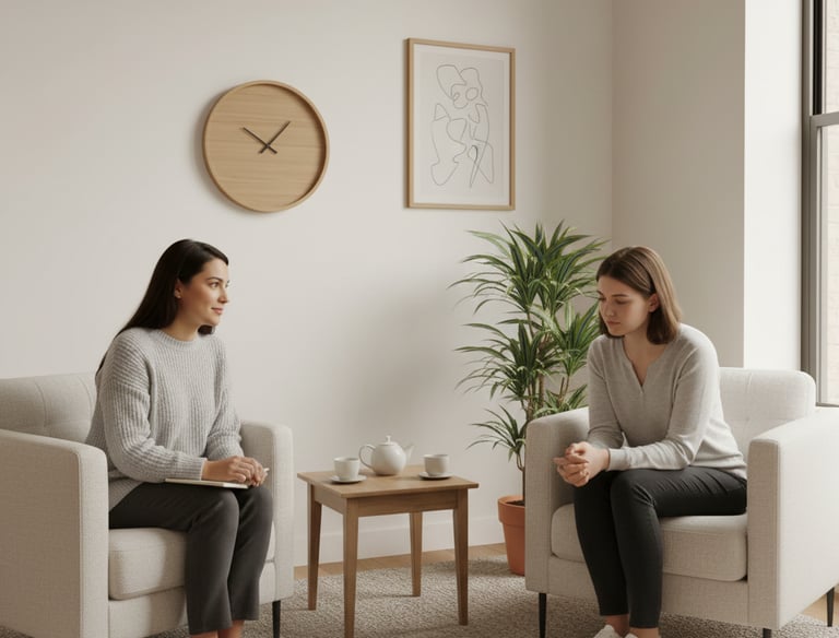 Psicóloga em consultório acolhedor conduz sessão com escuta ativa e abordagem analítica junguiana..