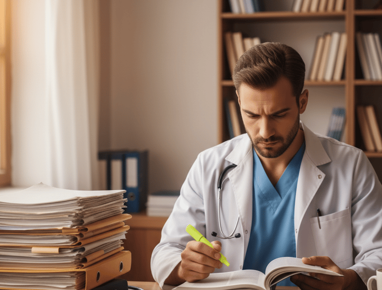Male doctor in lab coat highlighting medical textbook at a desk with patient files.