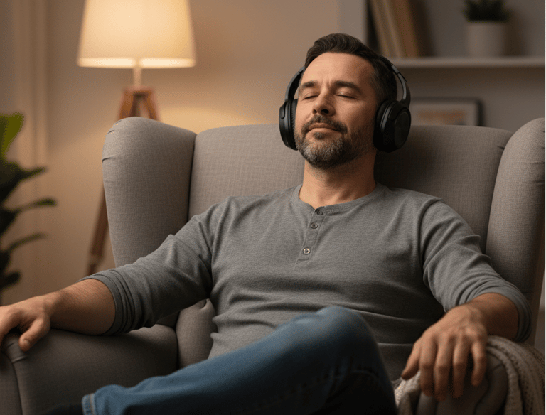 A man relaxing in a gray armchair while listening to music with wireless noise-canceling headphones.
