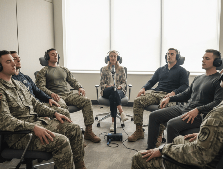 Military service members wearing headphones practice guided meditation for mental health and resilience.