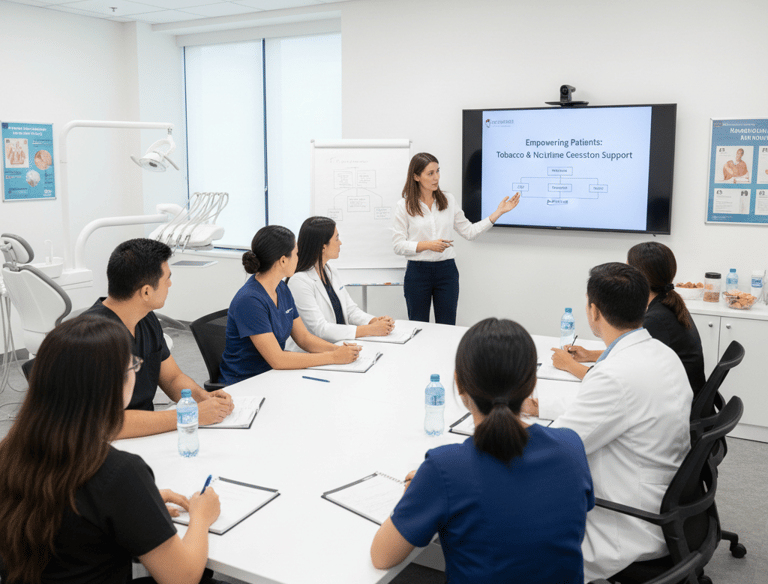 A dental professional presents tobacco cessation training to staff in a modern clinical boardroom.