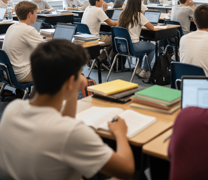 Students using laptops and notebooks at desks in a high school classroom setting.