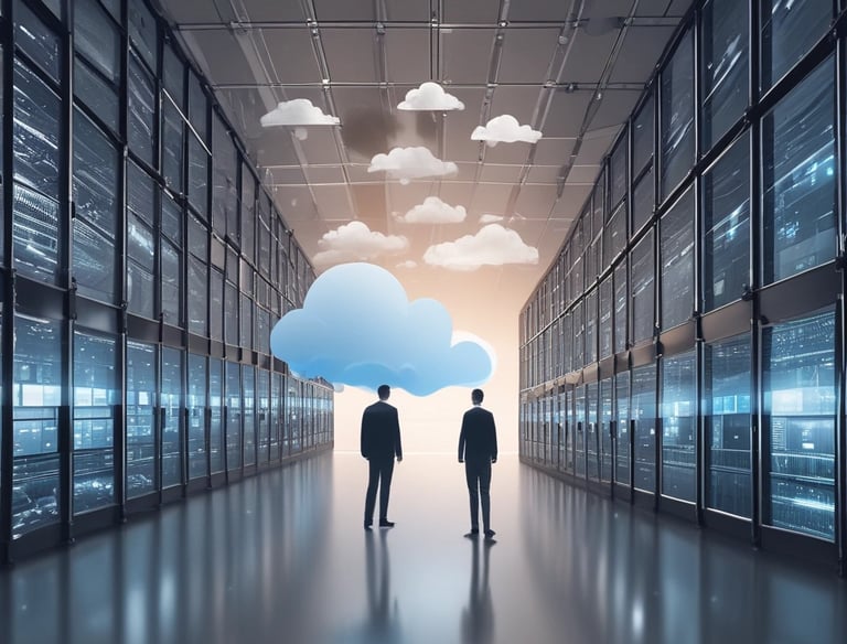 A sleek data center with glowing cloud network connections overlay.