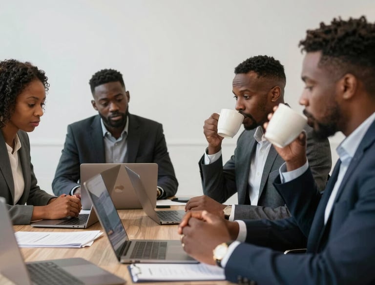 Four-panel video grid interface displaying live video calls with mute and share options.