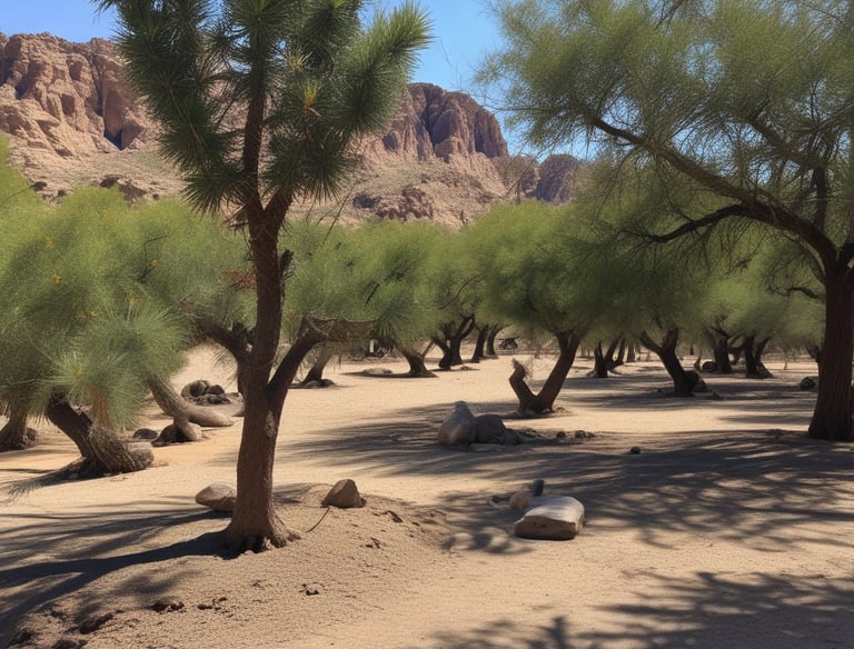 A well-maintained yard with trimmed trees and a tidy landscape.