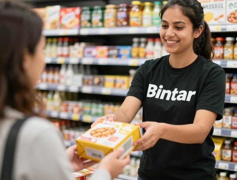 Delivery person handing over a grocery bag to a smiling customer at their doorstep.