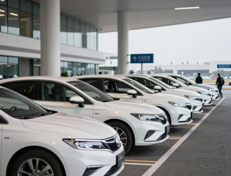 A lineup of various rental cars parked under a clear sky.