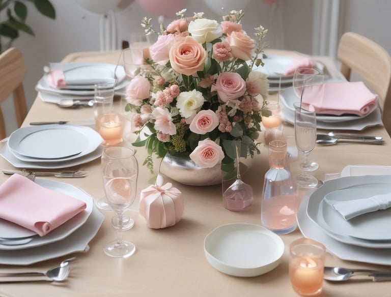 A beautifully decorated event space with elegant floral arrangements and warm lighting.