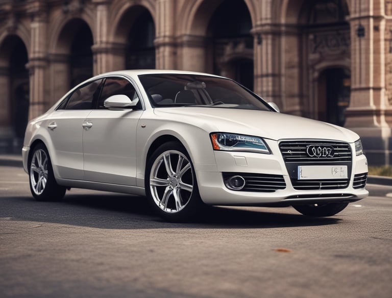 A happy Hispanic family standing beside their car on a sunny day.