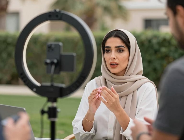 A vibrant street scene in an Arab city with a young creator filming content on their smartphone.