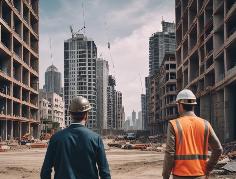 An architect reviewing blueprints with a client on a construction site.
