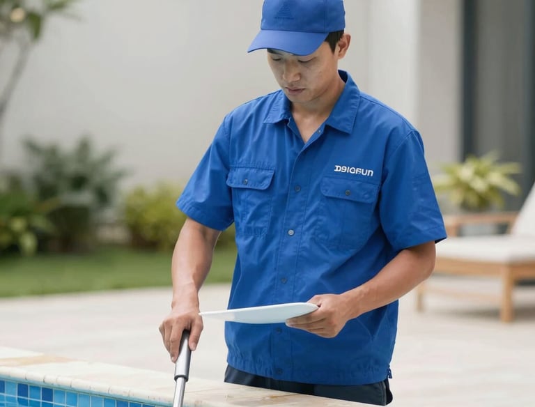A technician cleaning a residential pool with professional equipment on a sunny day.