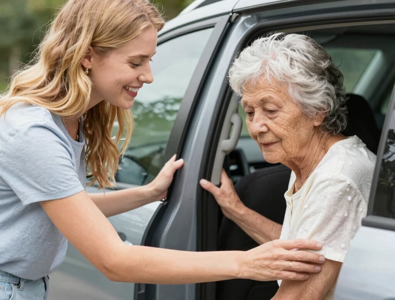 A smiling caregiver assisting an elderly man with a morning walk in a sunny garden.