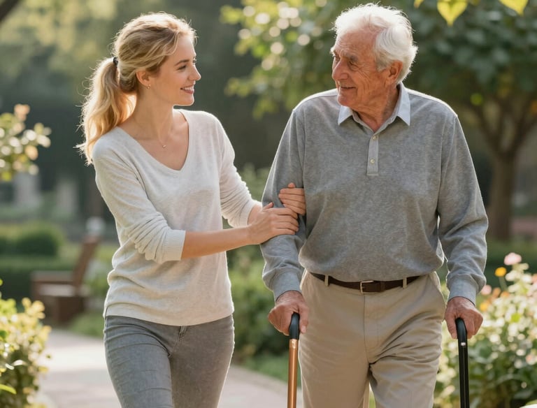 A smiling caregiver assisting an elderly man with a morning walk in a sunny garden.