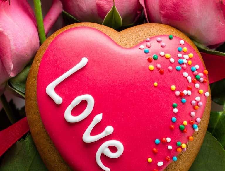 Galleta en forma de corazón con glaseado rosa y texto "Love" colocado sobre un ramo de rosas rosadas