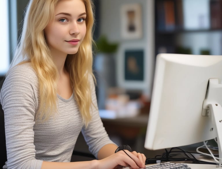 Young student using a quantum energy device while studying at a desk.