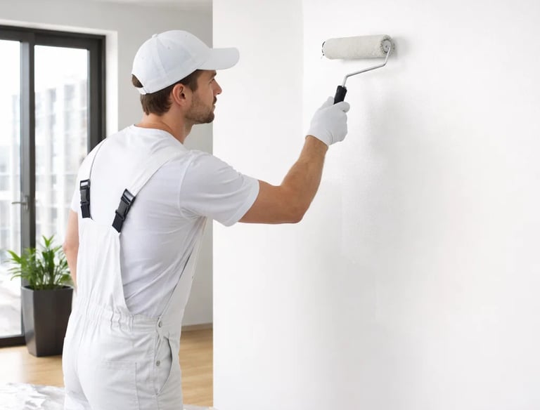 A professional painter in white overalls and a white hat, painting a wall
