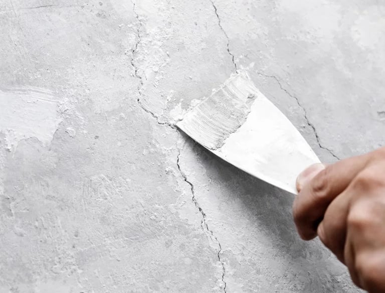 A professional is fixing cracks on the wall prior interior or extrior paint application