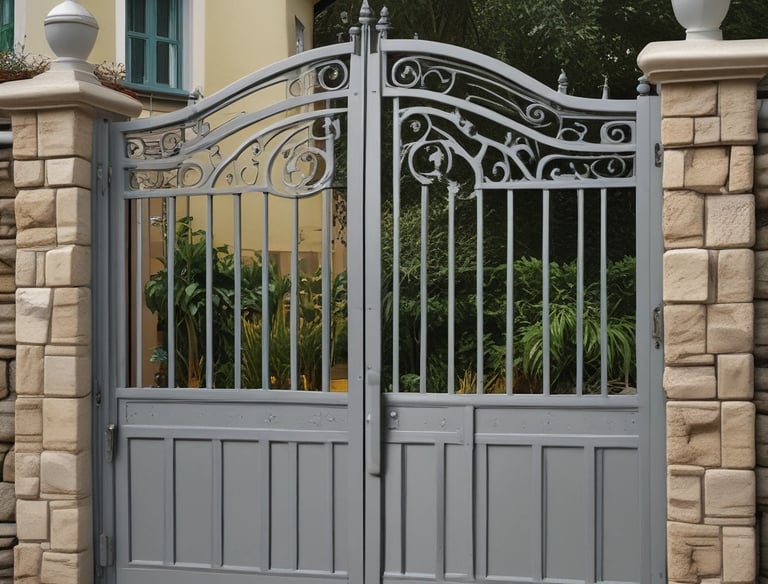 Automatic garden gate smoothly opening with a remote control in hand.