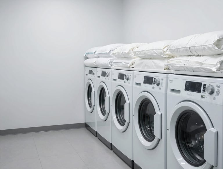 Modern laundry equipment in a clean, minimalist room.