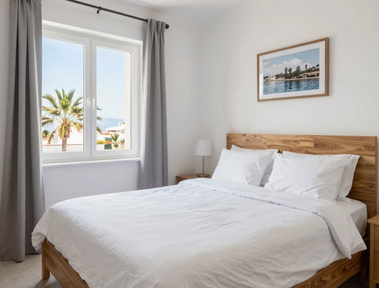 Bright, airy bedroom with neatly folded towels and fresh linens.