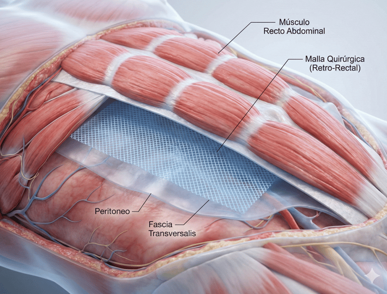 esquema de la pared abdominal donde se observa malla retromuscular dr daniel rodriguez hernias