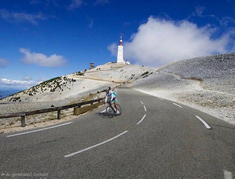 A cyclist climbing the steep, rocky mountain road toward the summit of Mont Ventoux in France.