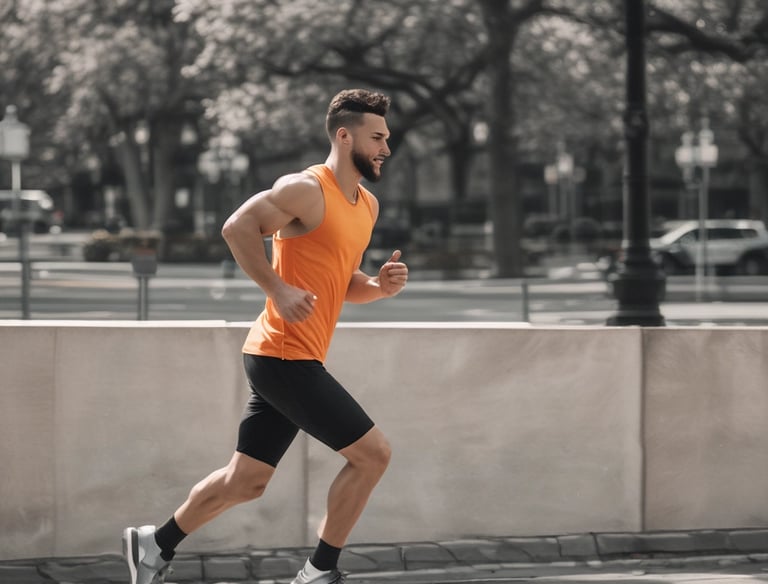 Athletic man in an orange tank top and black shorts jogging on a city path for morning exercise.