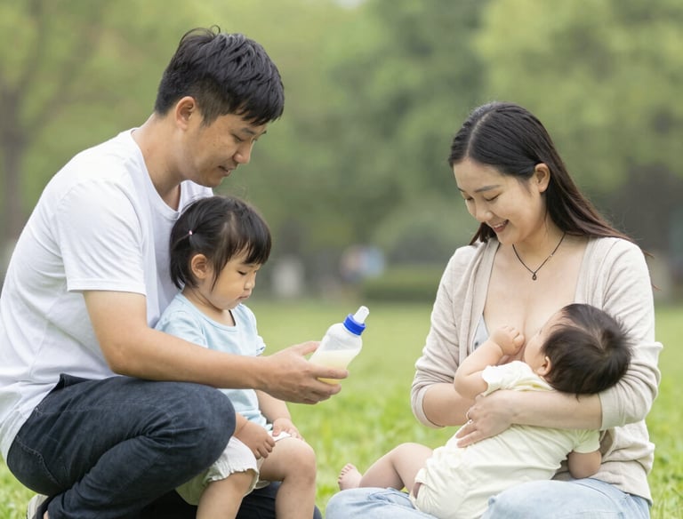 A mother lovingly feeding her baby with a spoon in a bright nursery.