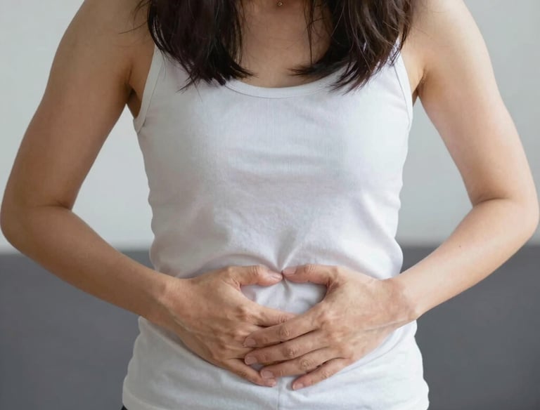 A woman smiling gently while holding a cup of herbal tea in a cozy kitchen.
