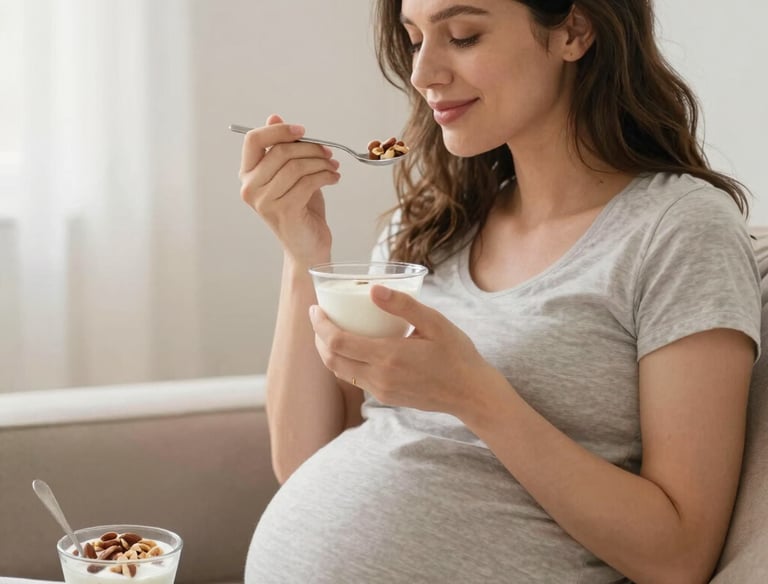 A pregnant woman enjoying a colorful, healthy salad outdoors.