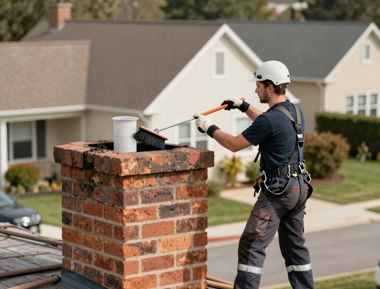 A professional inspecting a chimney flue with a flashlight.