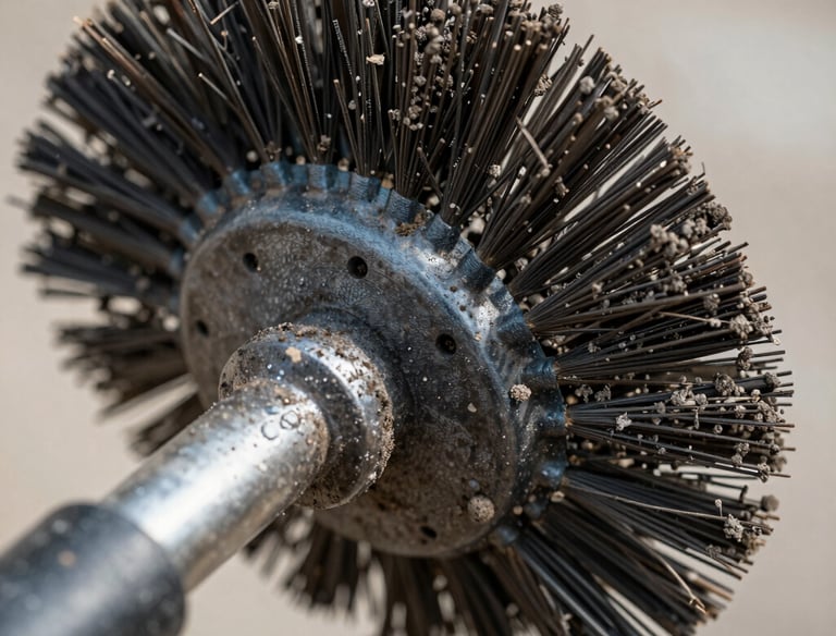 A technician carefully sweeping soot from a brick chimney interior.