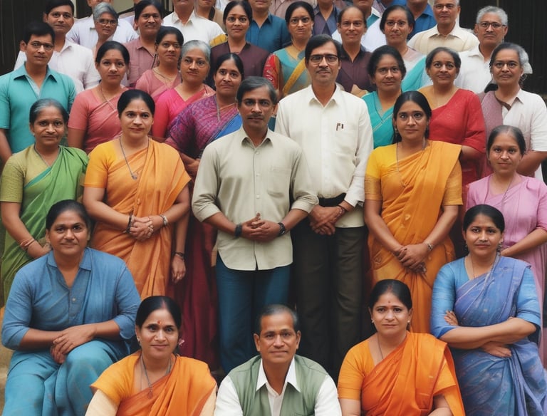Teachers taking a pledge together in a bright hall.