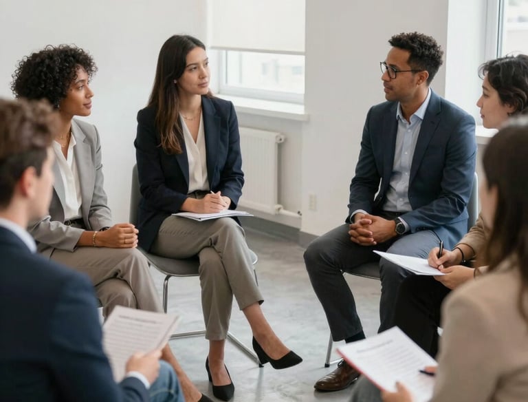 A group of high-performing professionals engaged in a focused consultation session.