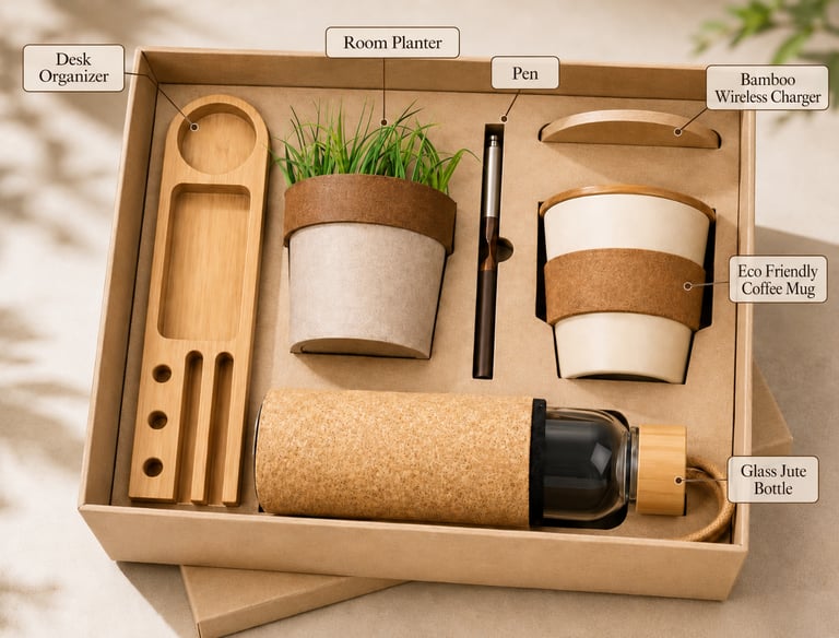 Eco-friendly corporate gift set including a bamboo desk organizer, wireless charger, and coffee mug.