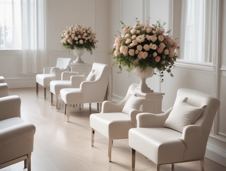 A serene and respectful funeral parlor room with soft lighting and floral arrangements.