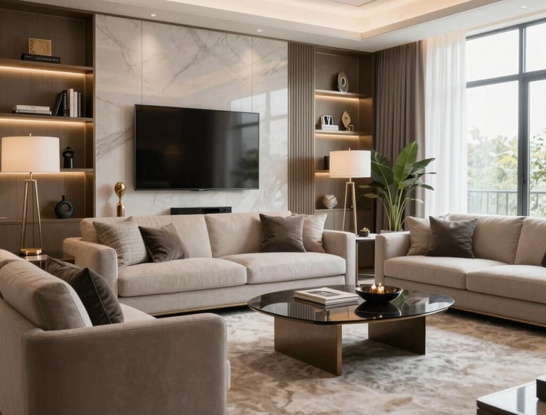 A serene, neatly organized living room with minimalist decor and soft natural light.