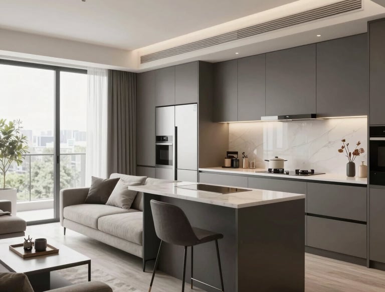 A serene, neatly organized living room with minimalist decor and soft natural light.