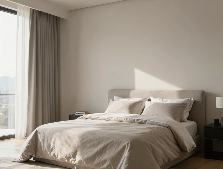 A serene, neatly organized living room with minimalist decor and soft natural light.