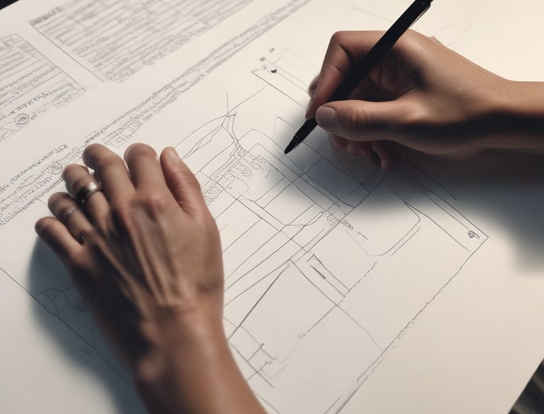 A professional reviewing detailed architectural plans with a client in a bright office.